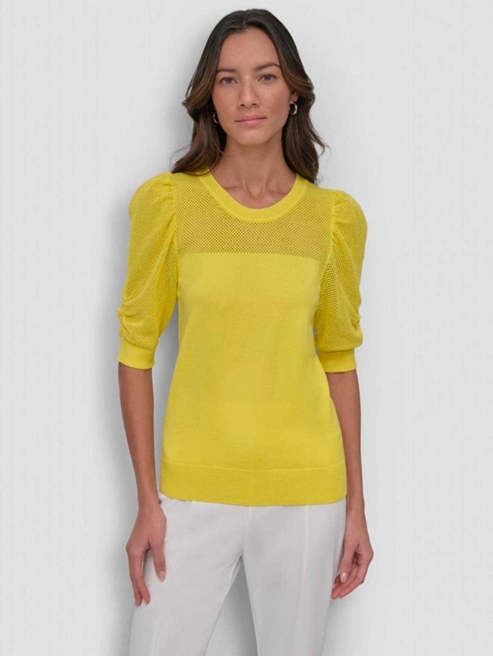 DKNY Bright Yellow Mesh Yoke Puff Sleeve Top  Puff-Sleeve Sweater